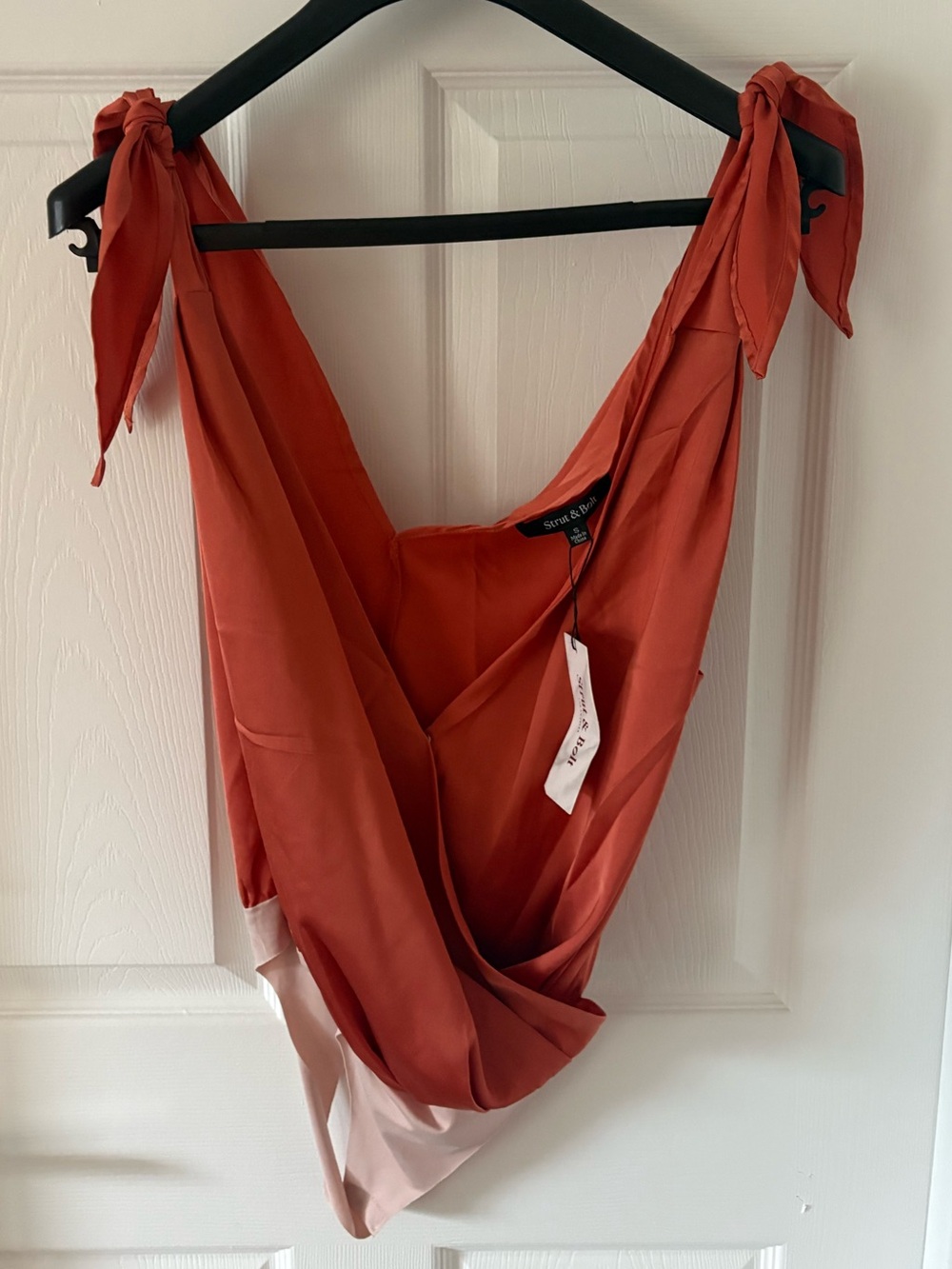 NWT Strut & Bolt Rust Satin Draped Bodysuit – Tie Shoulder Size S